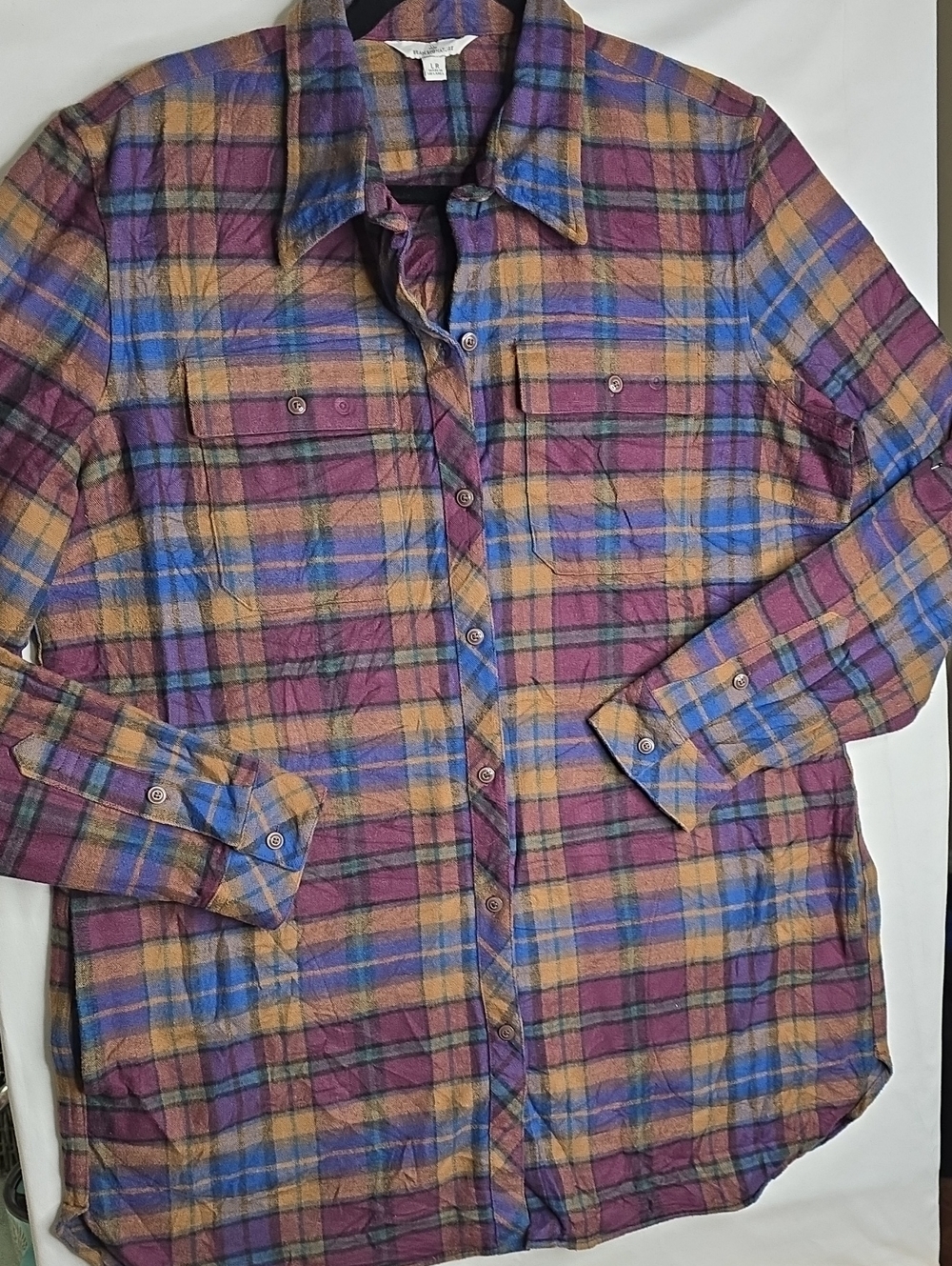 LL Bean Signature Chamois Flannel Plaid Shirt Jacket in Burgundy, Blue & Tan